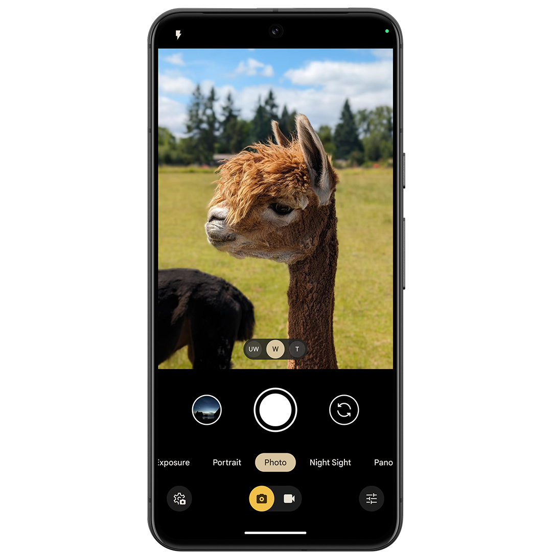 Captura de tela mostrando novas opções no aplicativo Pixel Camera, permitindo que você selecione manualmente uma lente para fotografar.
