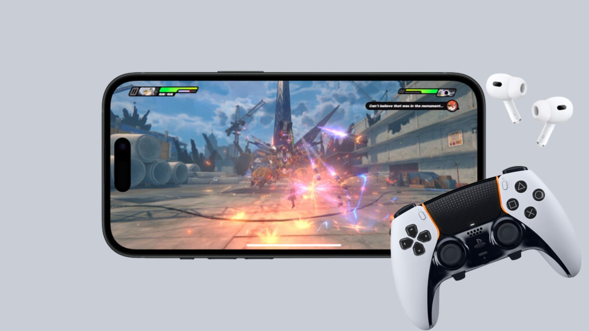 Modo de jogo no iOS 18 próximo a AirPods e um controlador de jogo PlayStation 5