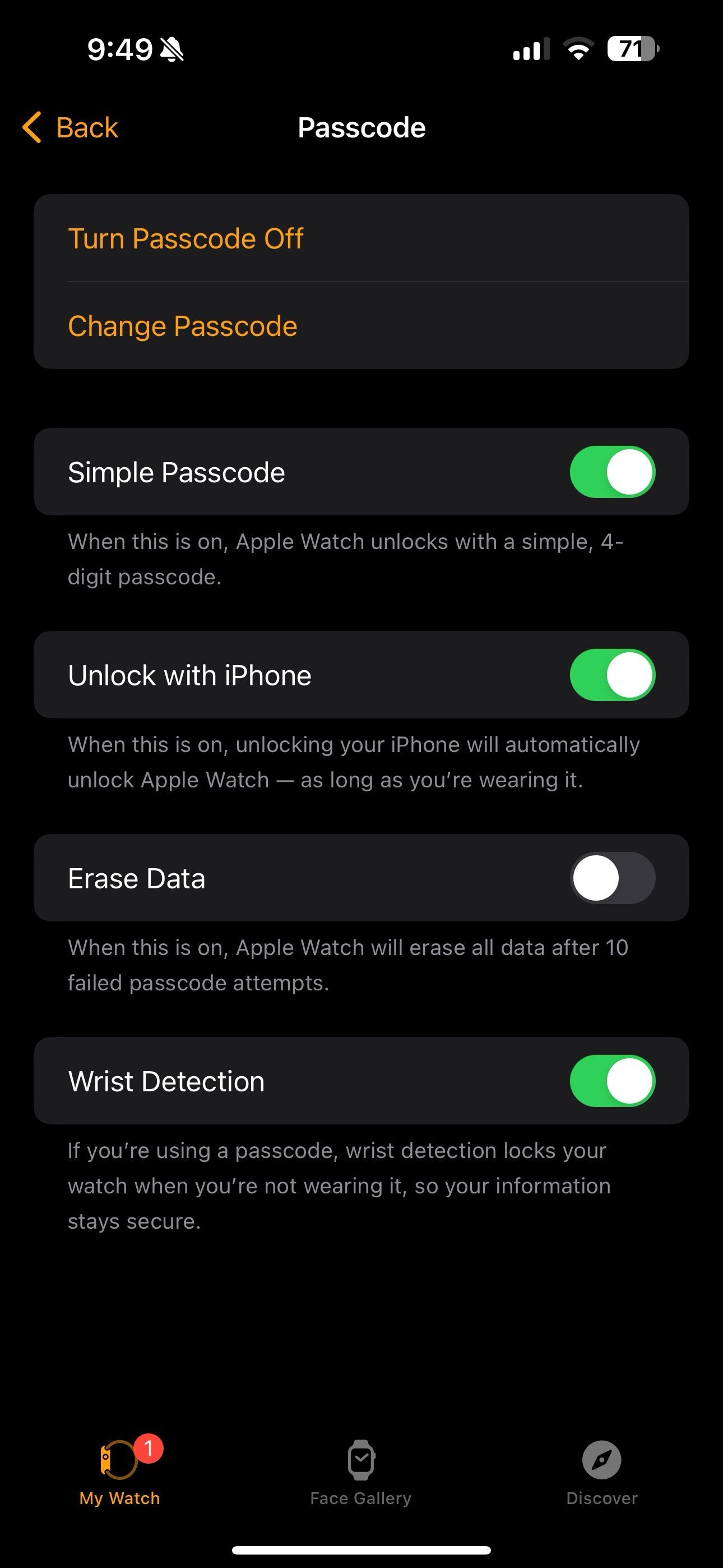 configurações de senha no Apple Watch