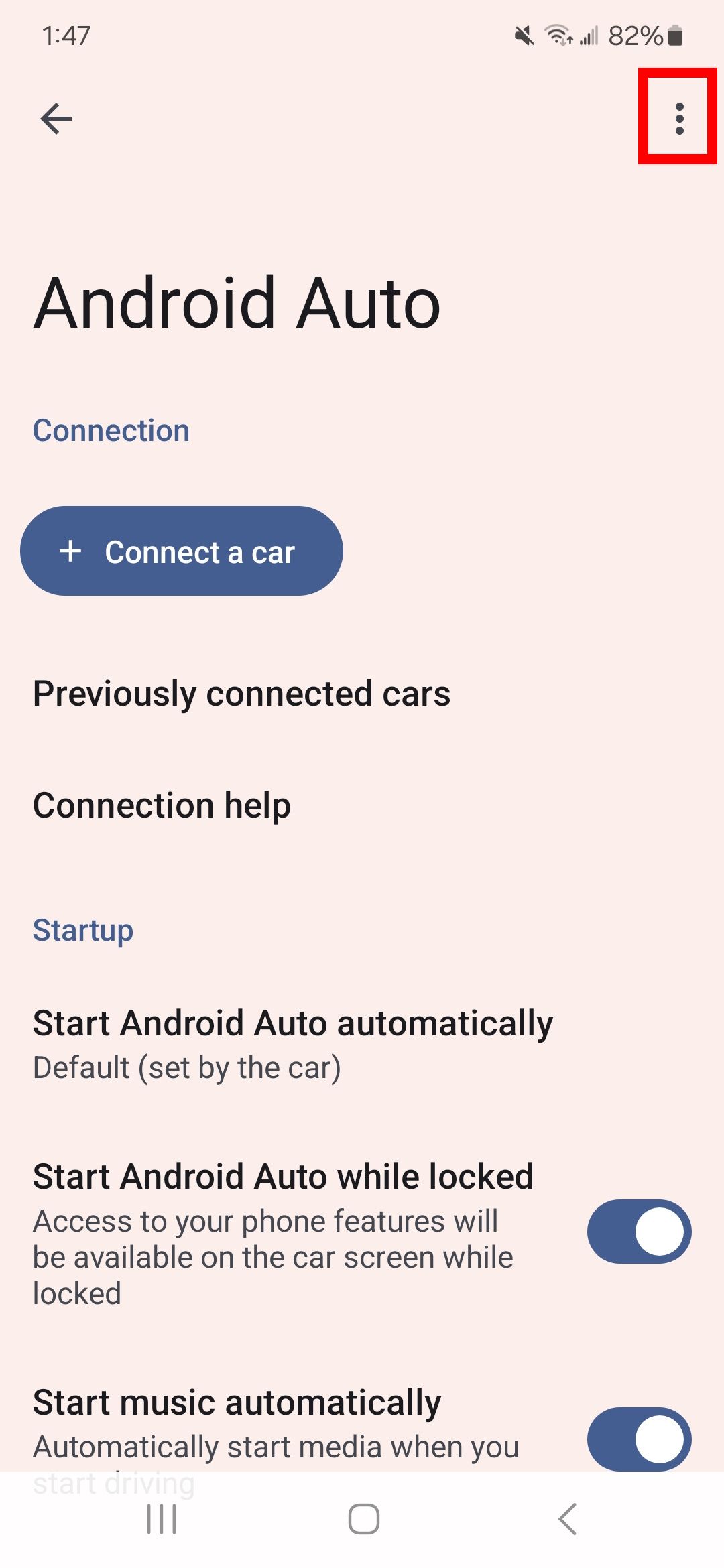 contorno de retângulo vermelho sobre o ícone de três pontos no aplicativo Android Auto