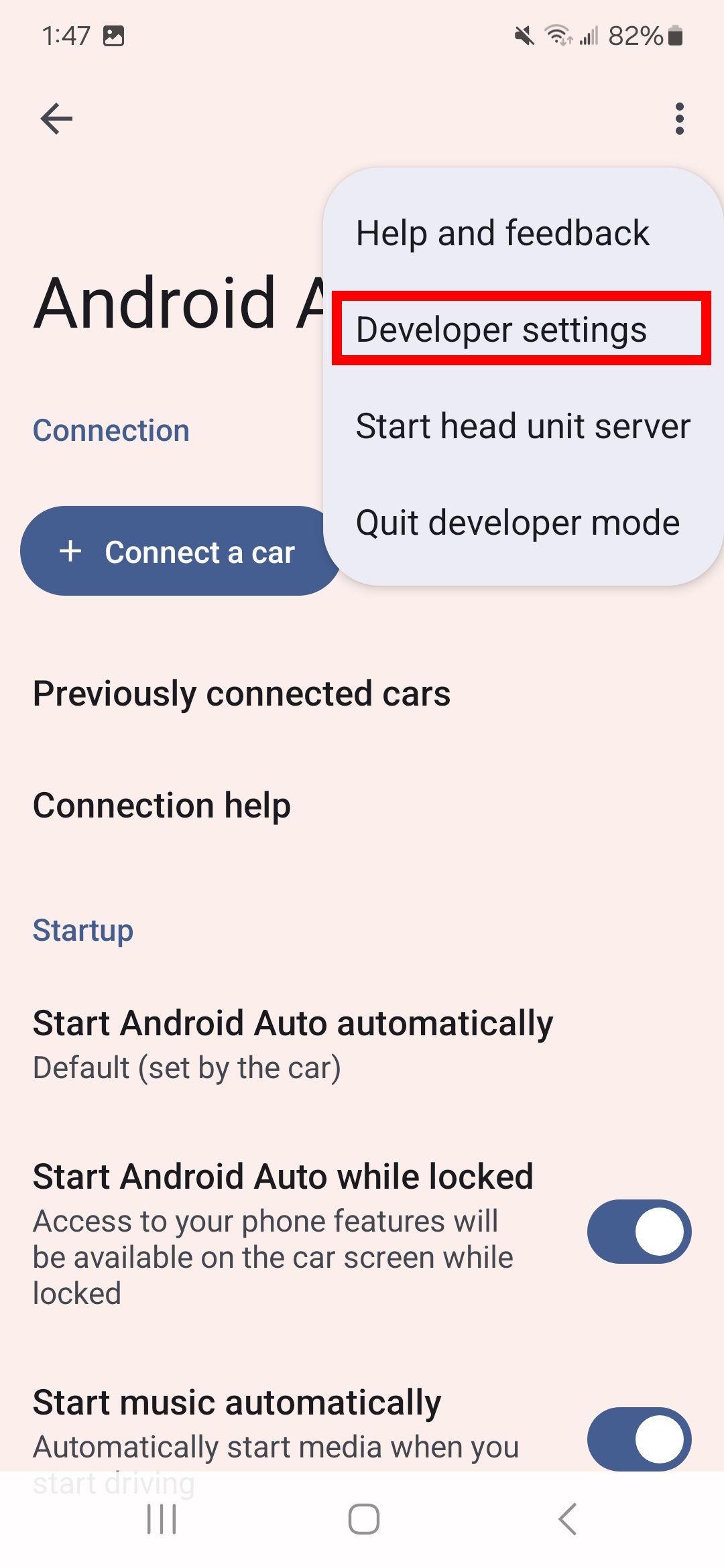 contorno de retângulo vermelho sobre as configurações do desenvolvedor no aplicativo Android Auto