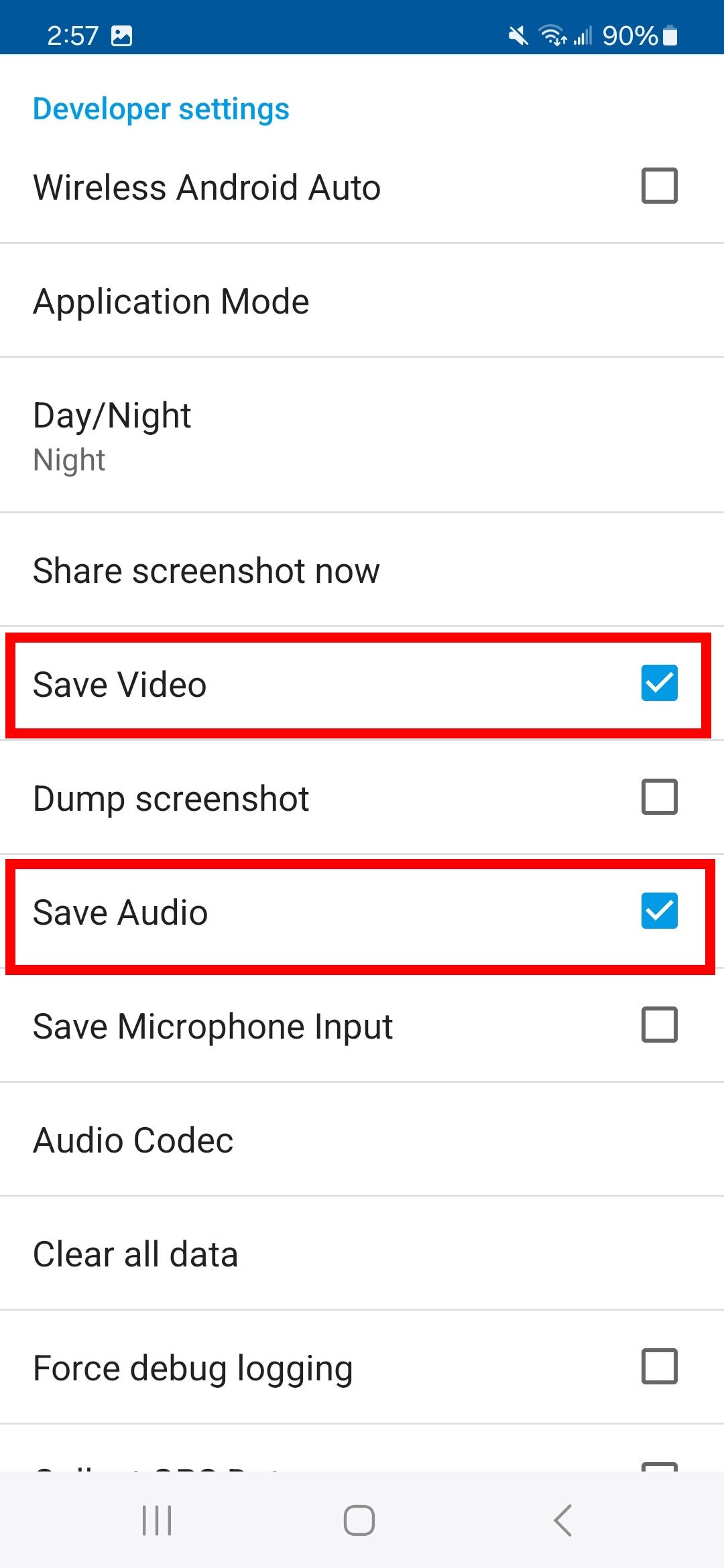 contorno de dois retângulos vermelhos sobre as opções de salvar vídeo e salvar áudio nas configurações do desenvolvedor