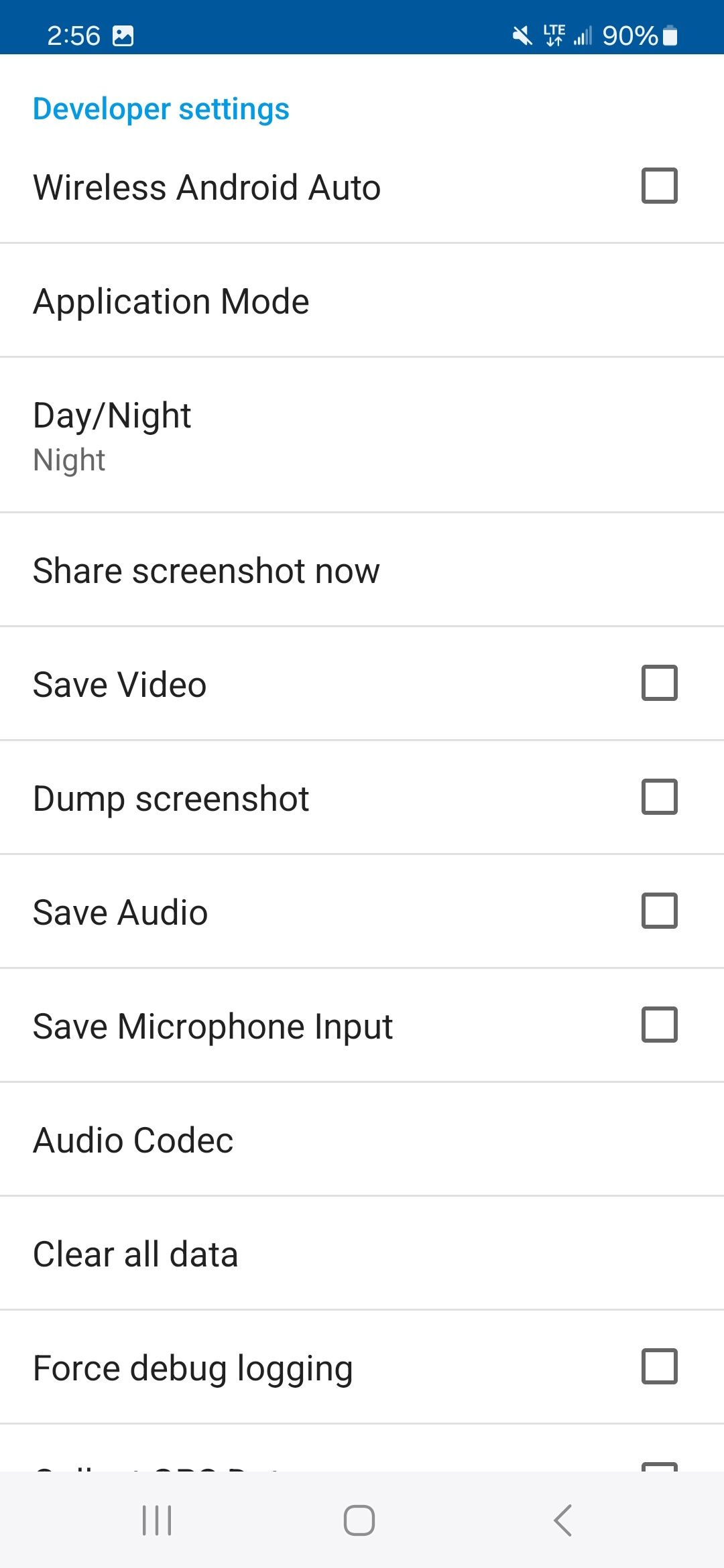 uma lista de configurações do desenvolvedor no aplicativo Android Auto