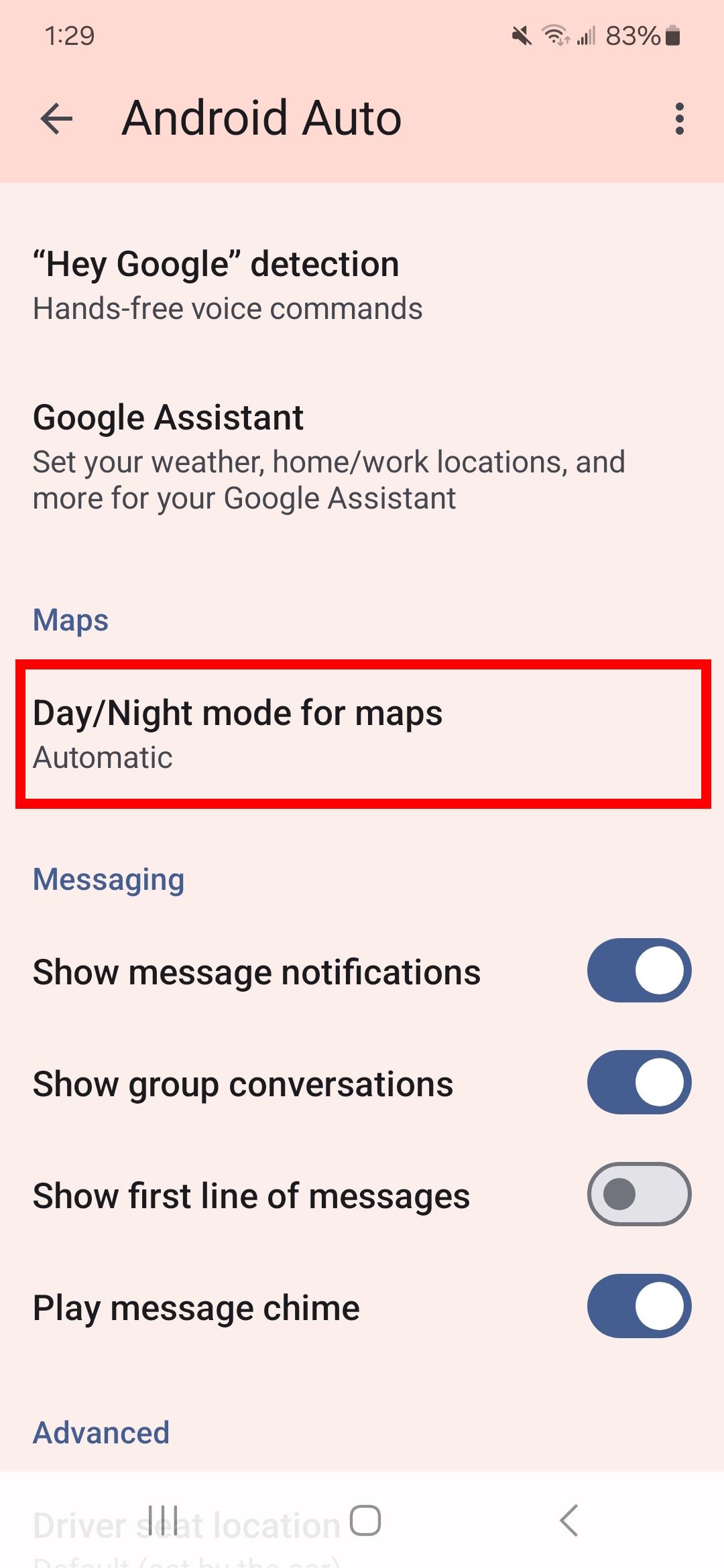 contorno de retângulo vermelho no modo dia/noite para mapas no aplicativo Android Auto