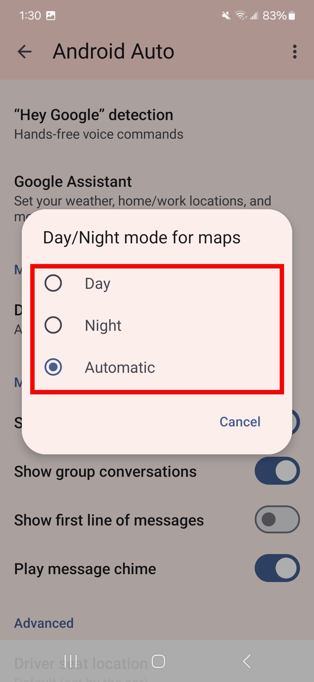 contorno de retângulo vermelho no modo dia/noite para opções de mapas