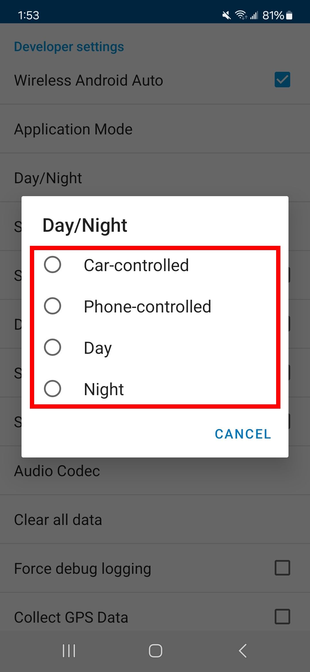 contorno de retângulo vermelho sobre opções de dia/noite nas configurações do desenvolvedor