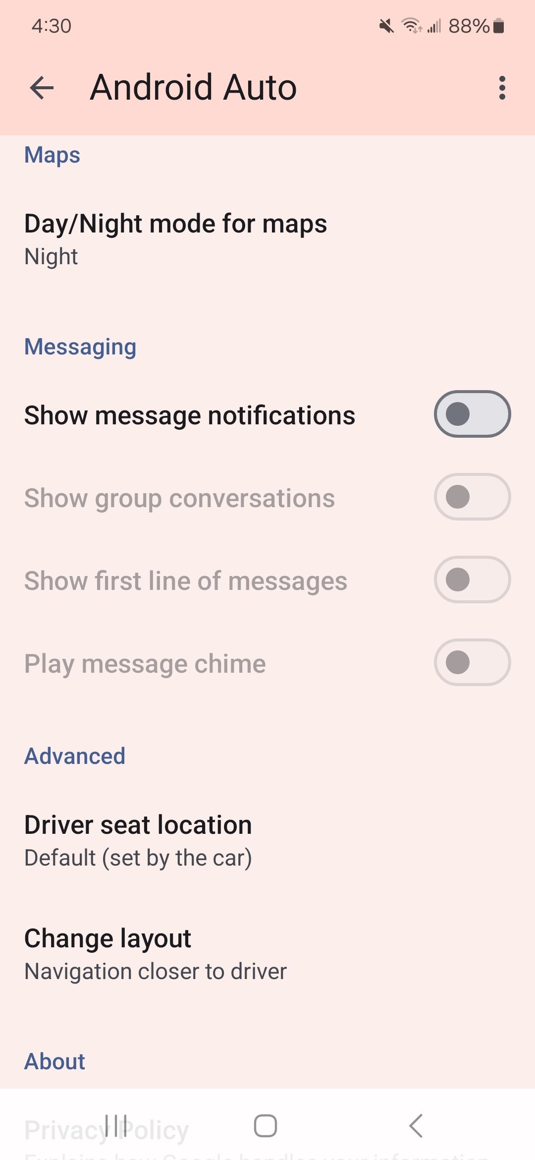 os alternadores de notificações de mensagens estão desativados no aplicativo Android Auto