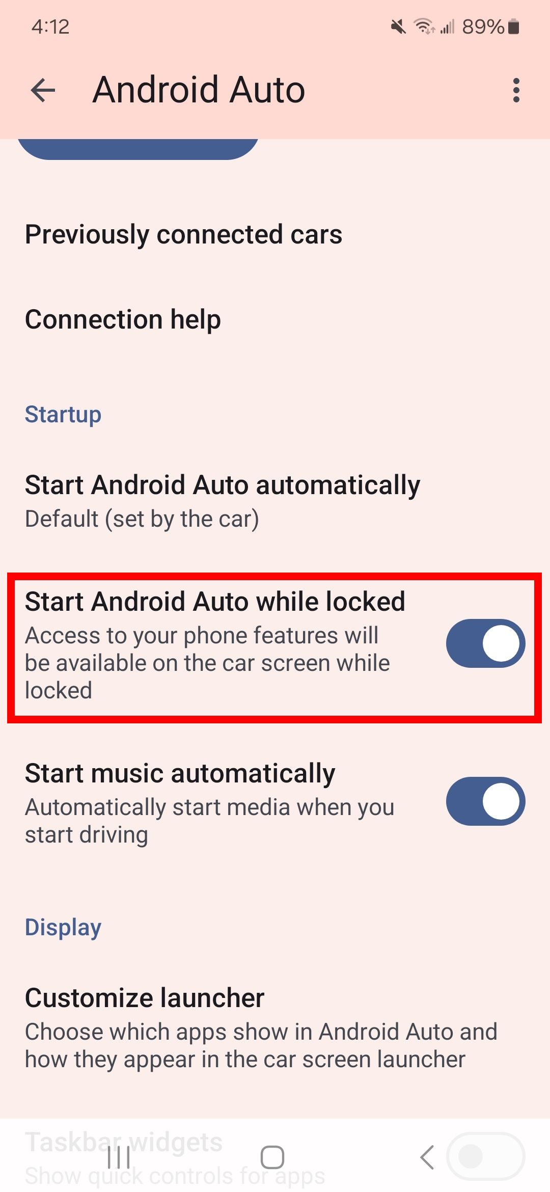 retângulo vermelho sobre o Android Auto enquanto bloqueado com o botão ativado