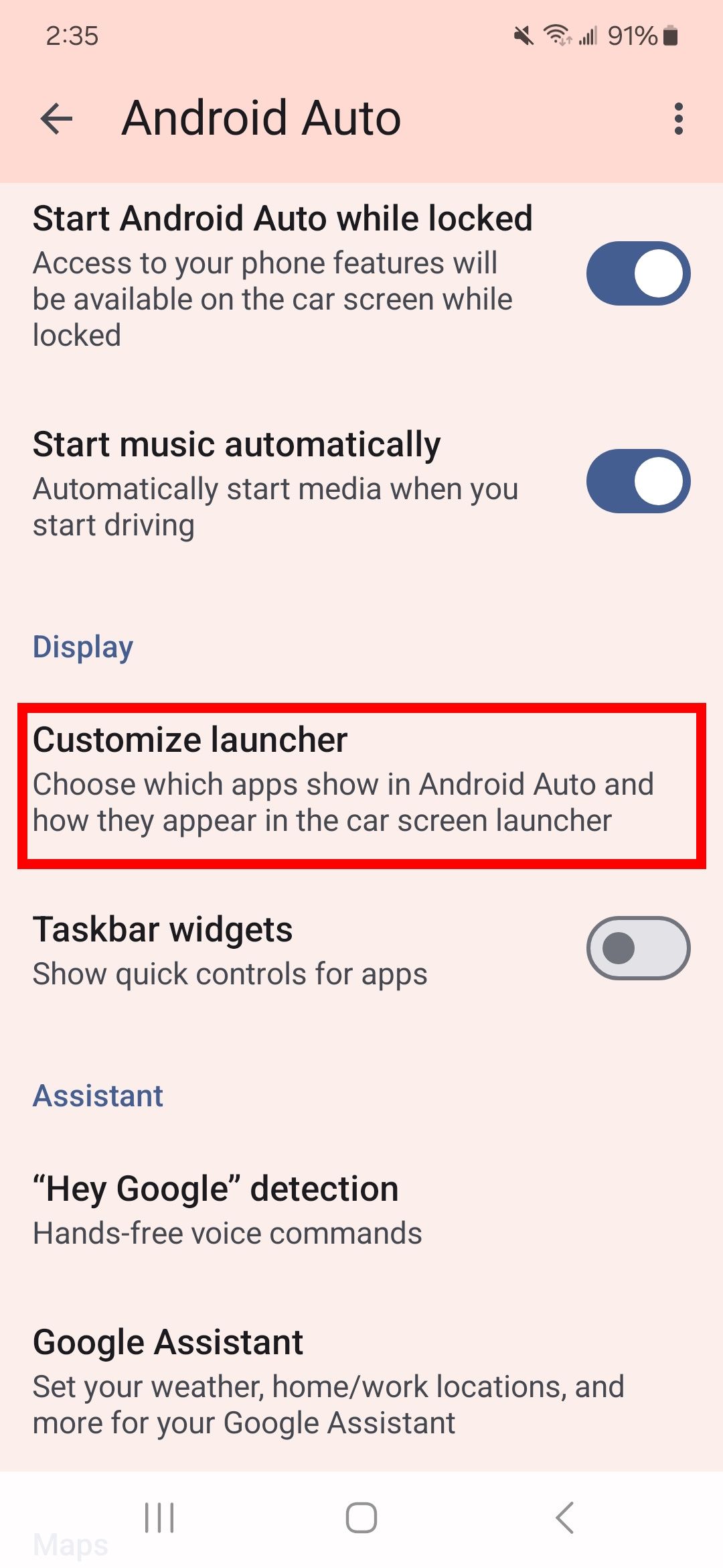contorno de retângulo vermelho sobre a opção de inicialização personalizada no aplicativo Android Auto