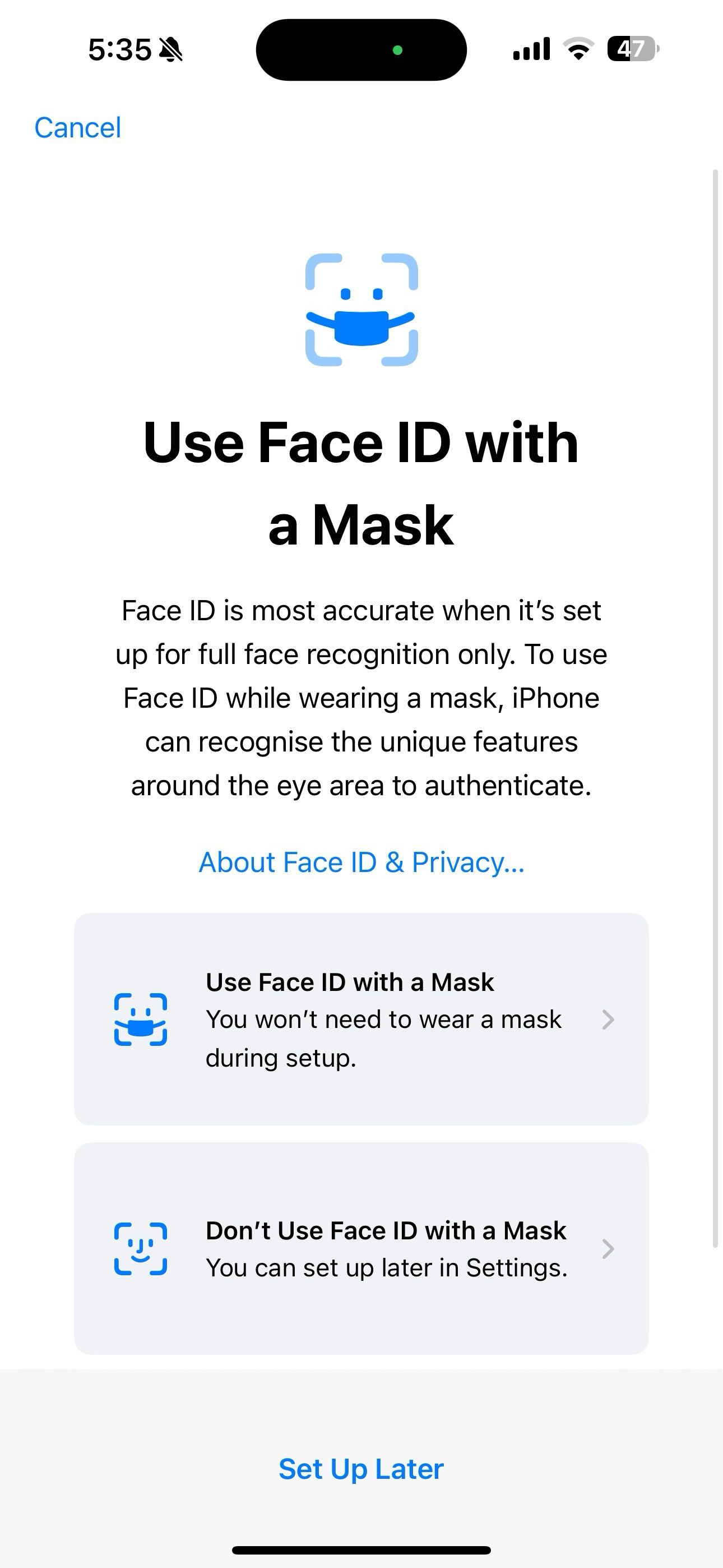 use o Face ID com uma máscara