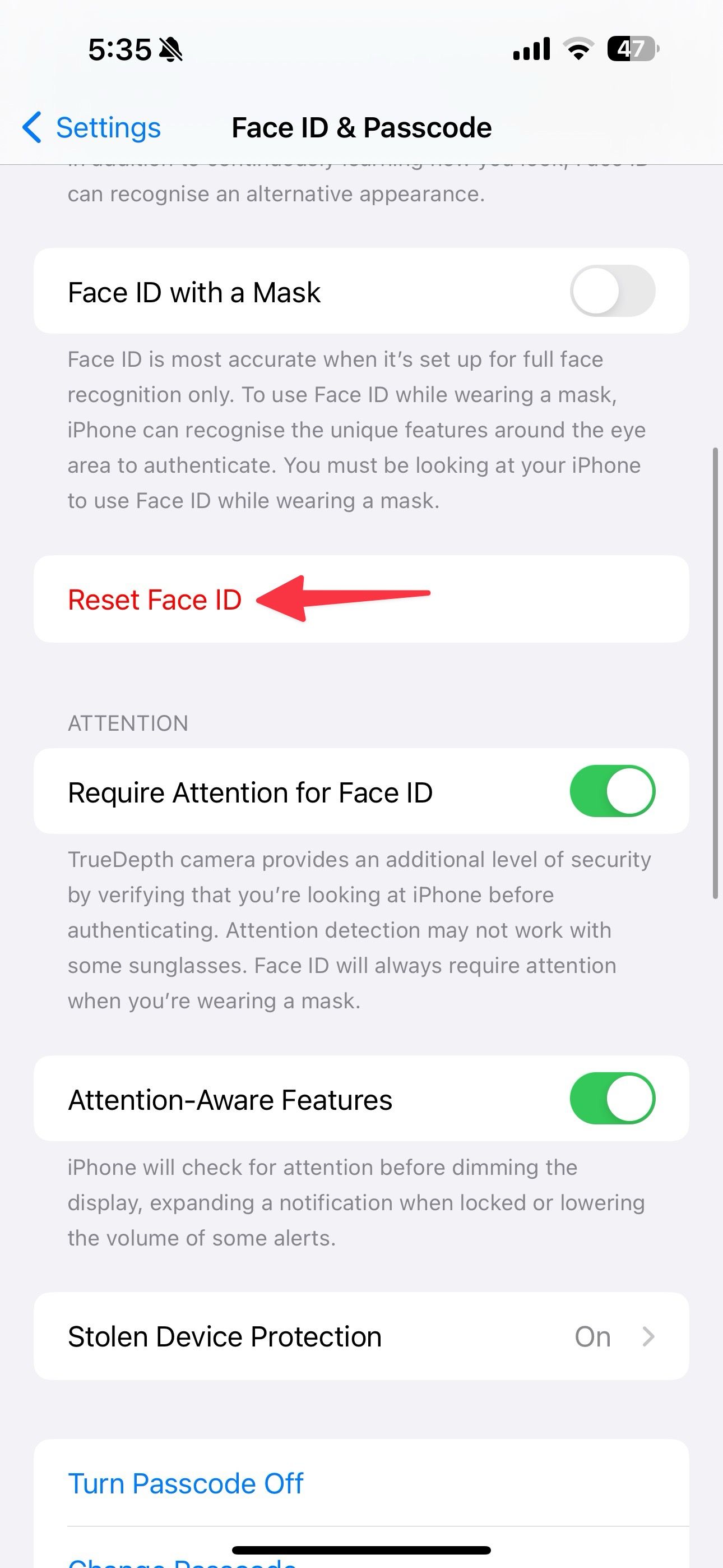redefinir o Face ID no iPhone