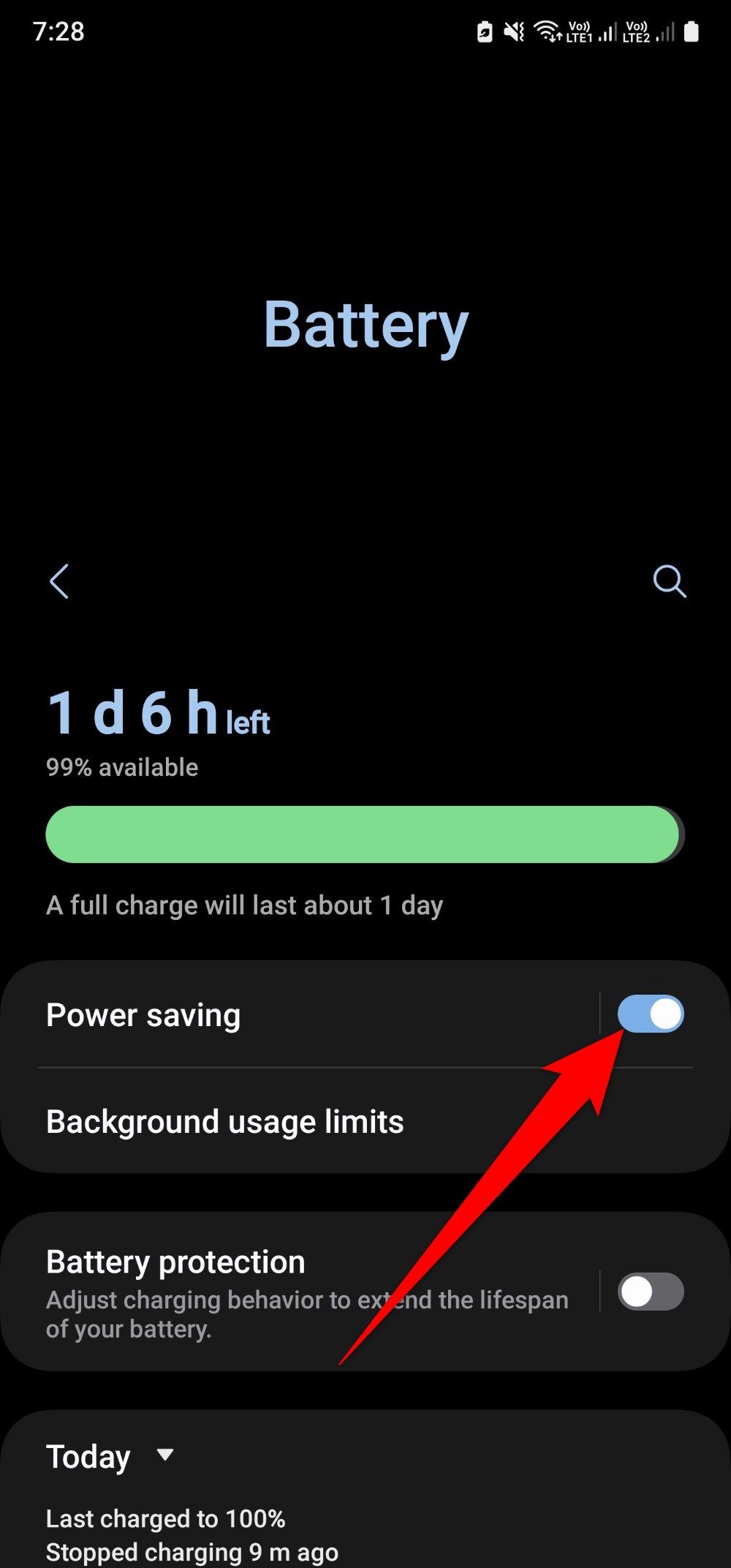 Captura de tela mostrando a alternância de economia de energia em um Samsung Galaxy A25