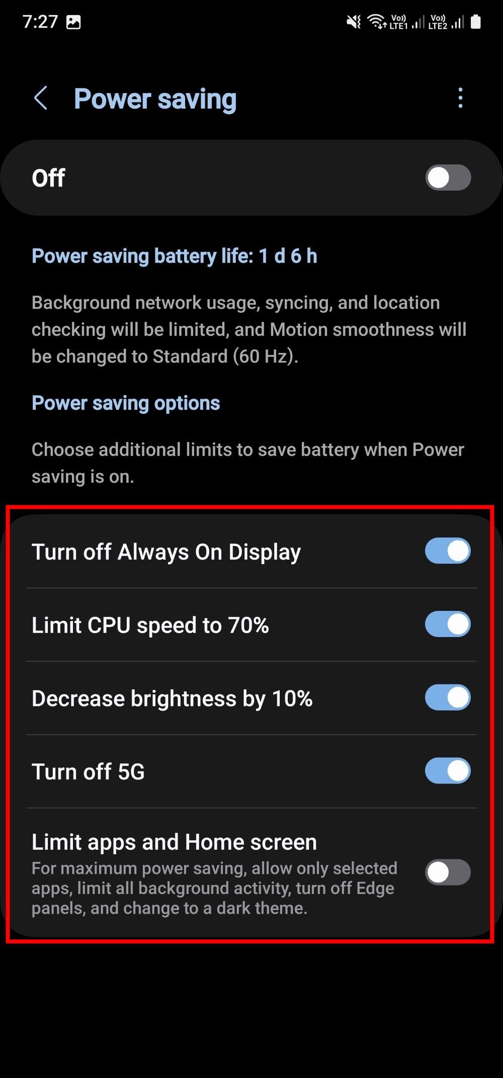 Captura de tela mostrando as opções do modo de economia de energia em um Samsung Galaxy A25 5G