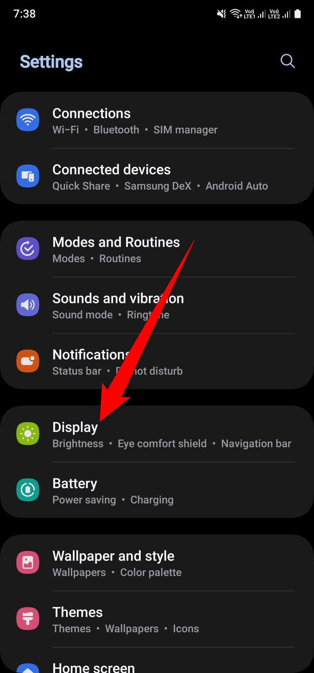 Captura de tela mostrando a configuração de exibição em um telefone Samsung Galaxy A25