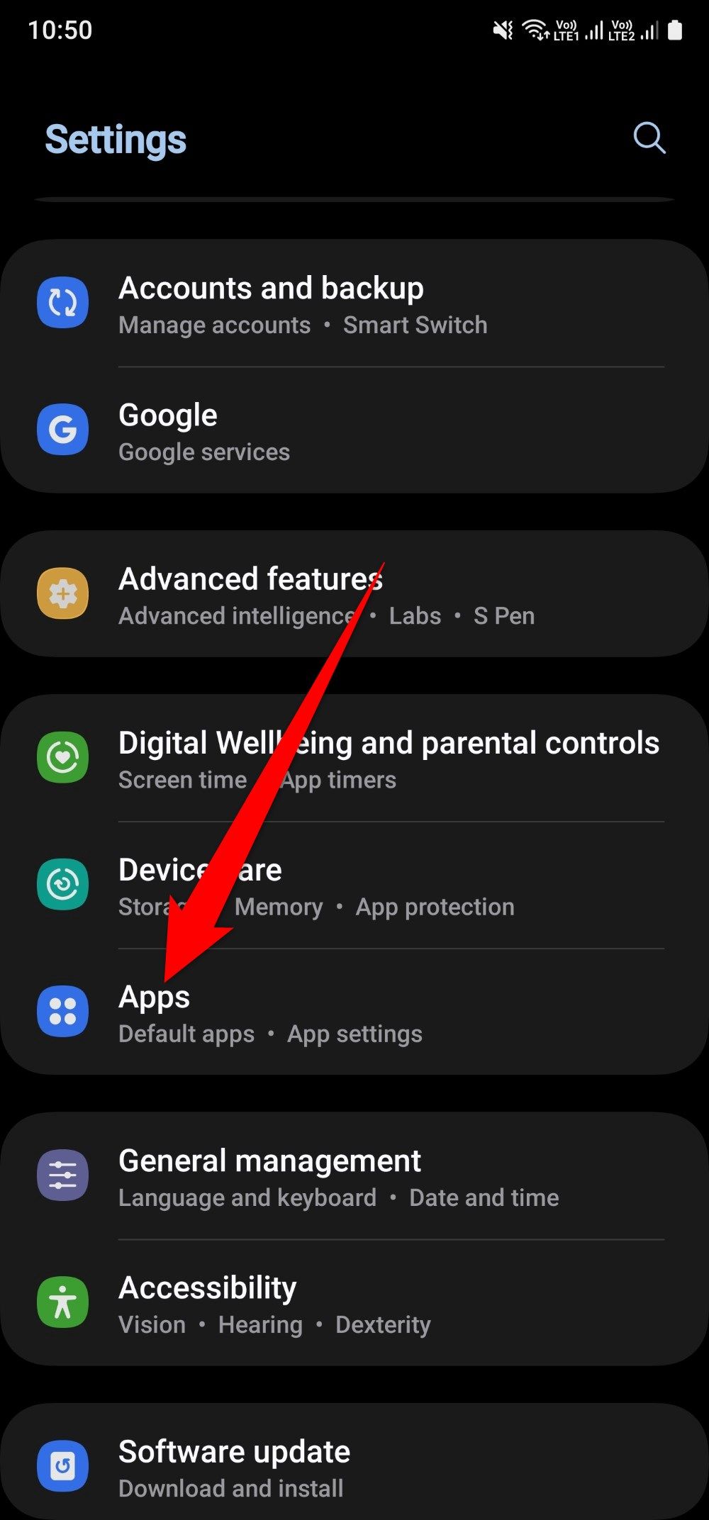 Captura de tela mostrando a configuração de aplicativos em um Samsung Galaxy A25