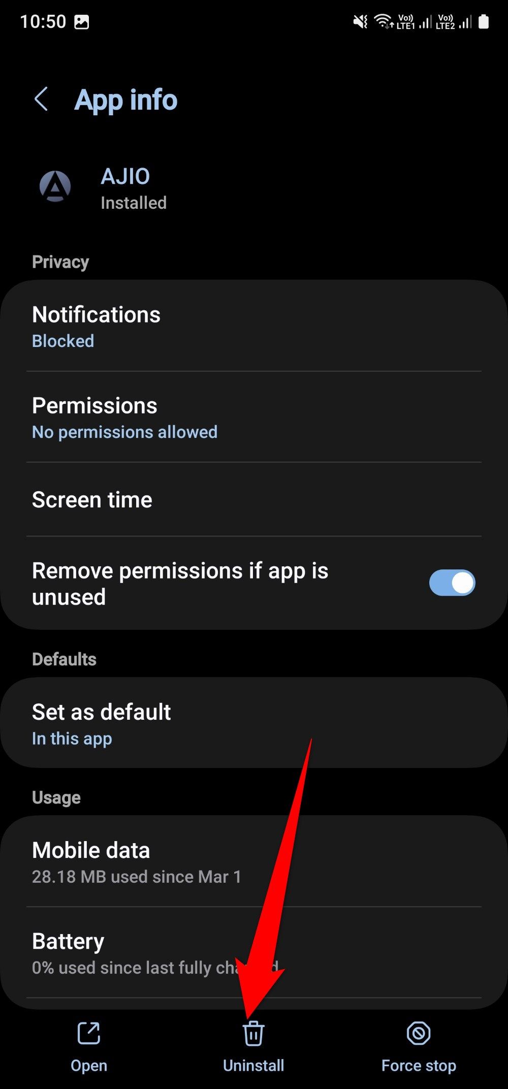 Captura de tela mostrando a opção de desinstalar aplicativo em um Samsung Galaxy A25