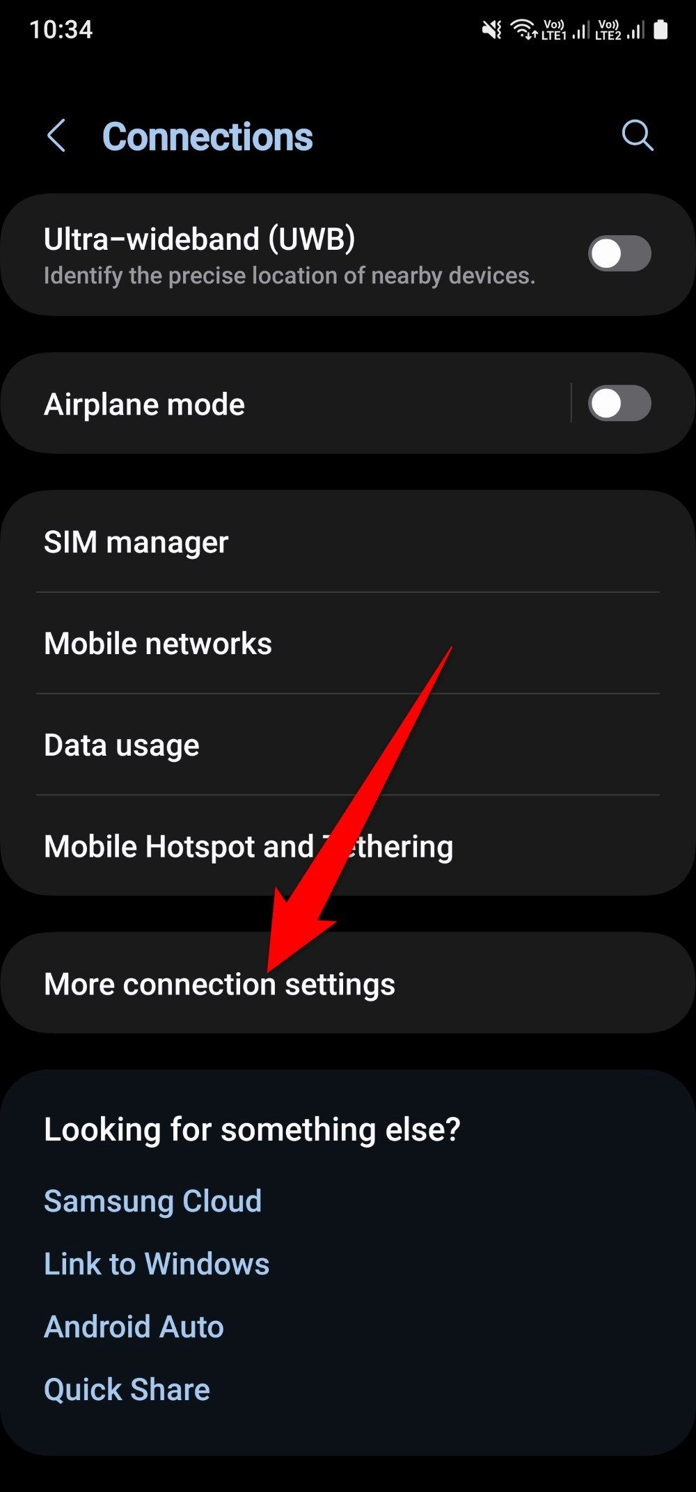Captura de tela mostrando mais configurações de conexão em um Samsung Galaxy A25