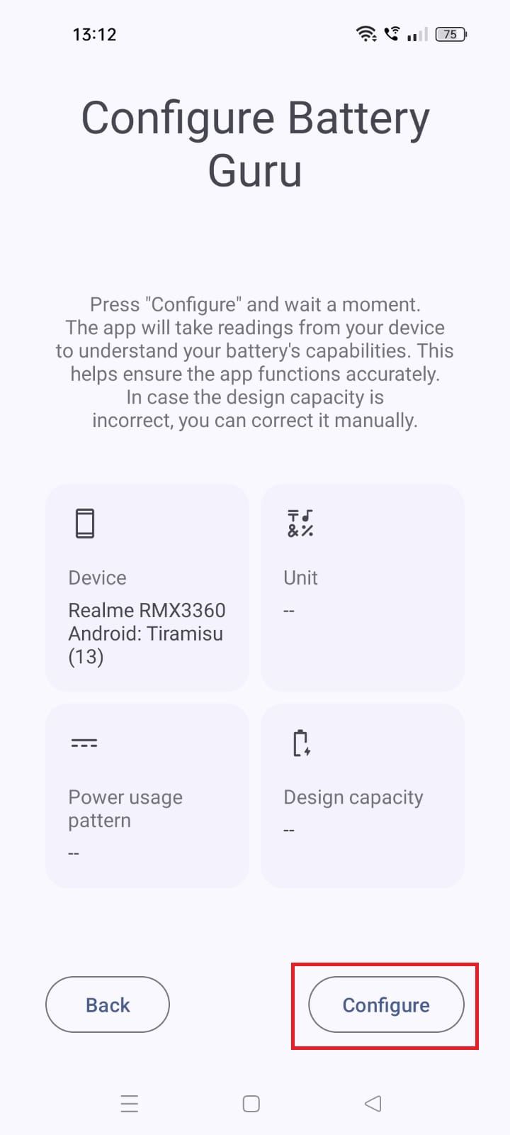 Captura de tela destacando Configurar no aplicativo Battery Guru