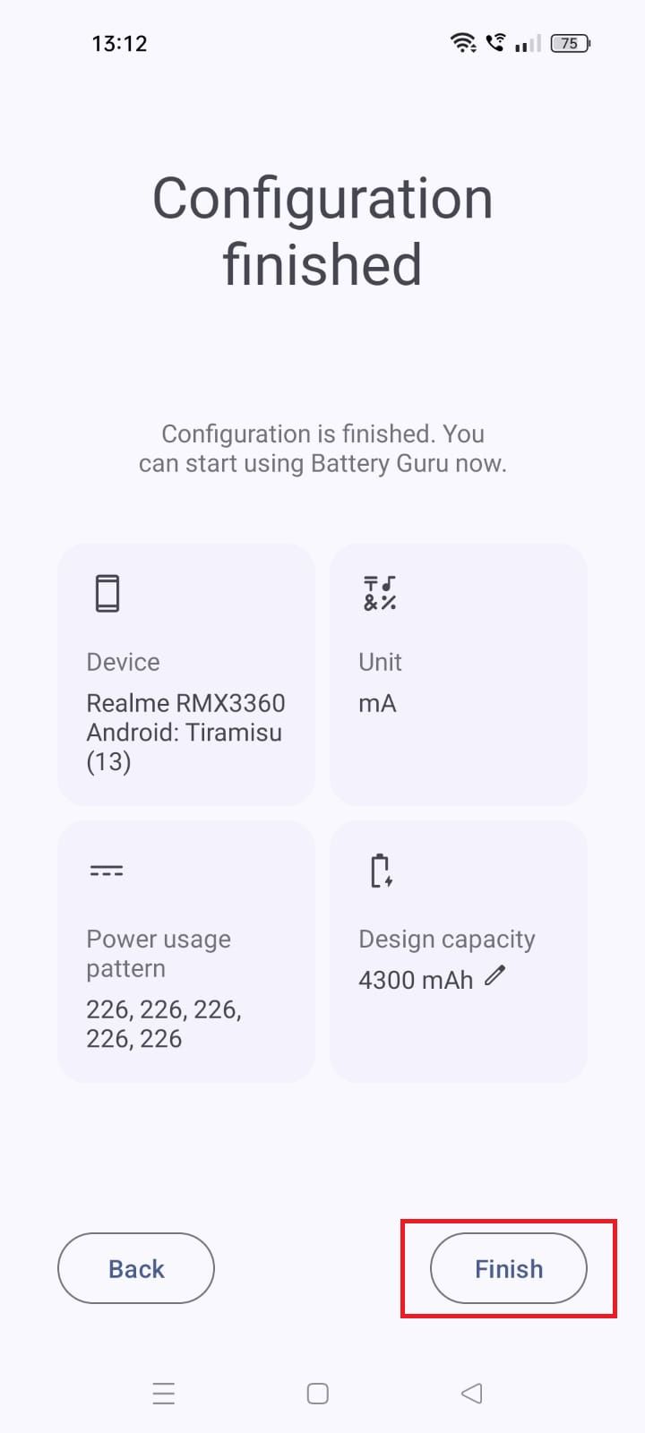 Captura de tela destacando Concluir no aplicativo Battery Guru