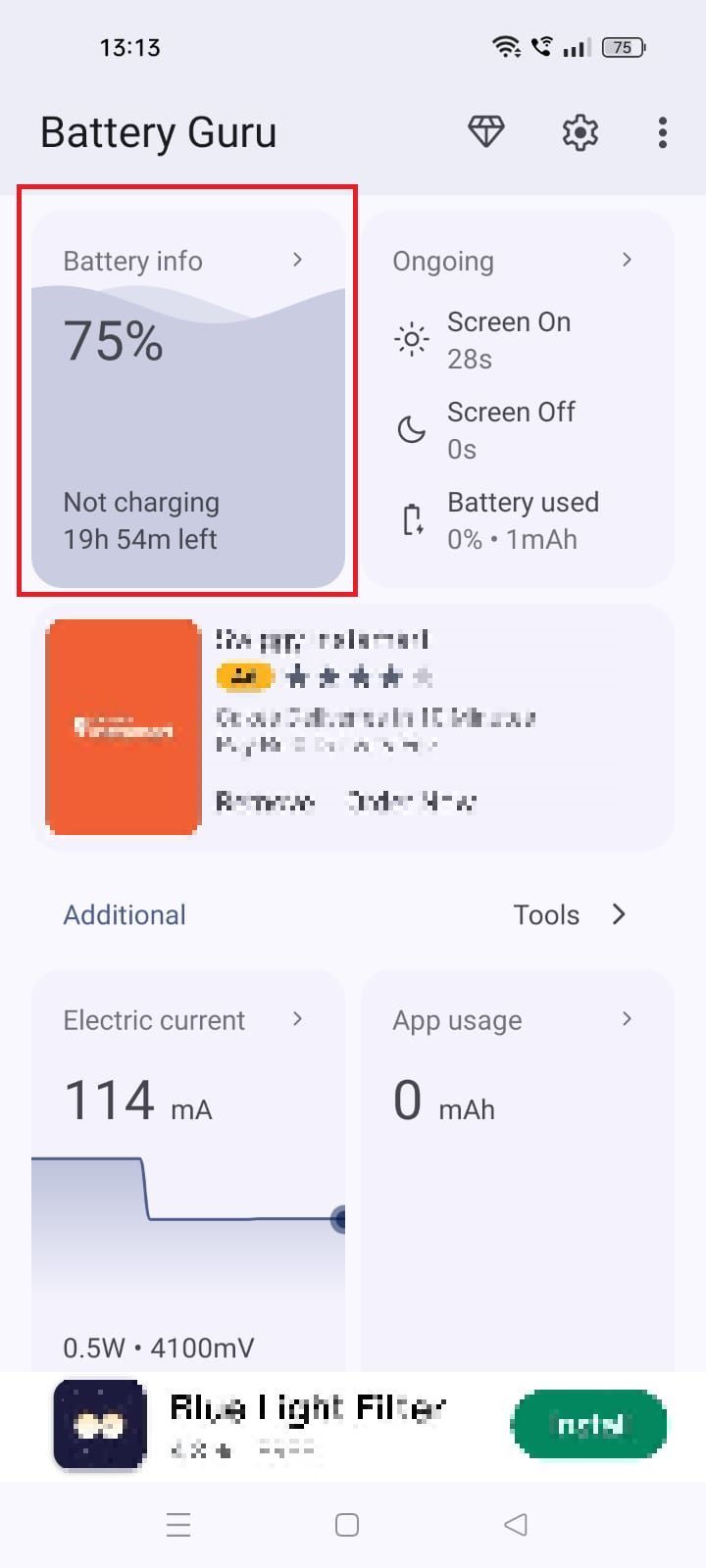 Captura de tela destacando informações da bateria no aplicativo Battery Guru