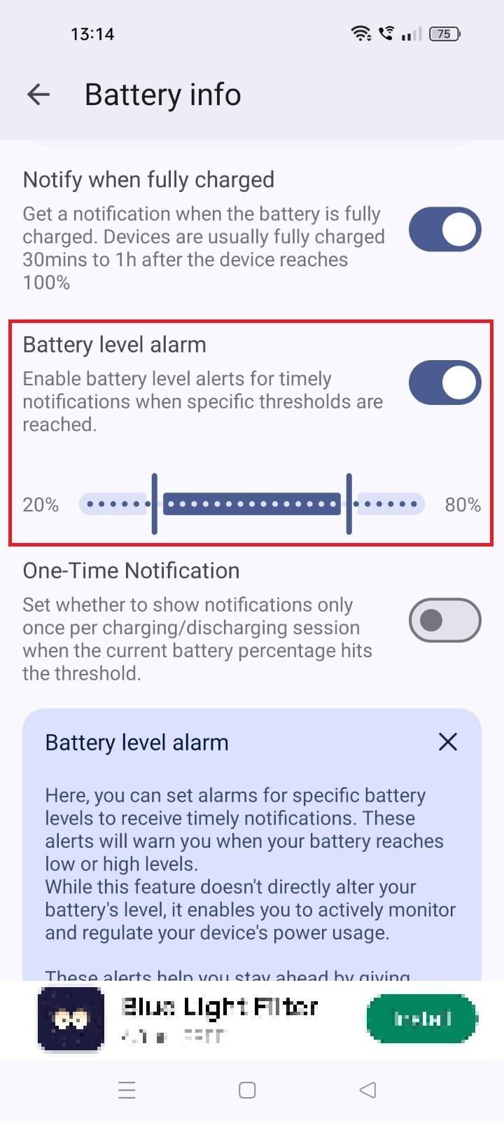 Captura de tela destacando o alarme de nível de bateria no aplicativo Battery Guru