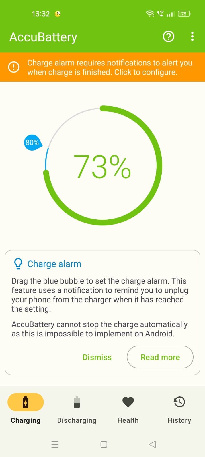 Captura de tela do alarme de carga do AccuBattery