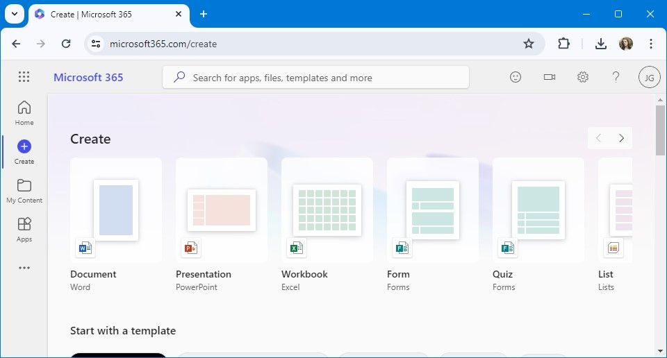 A tela Criar um novo arquivo no Microsoft 365