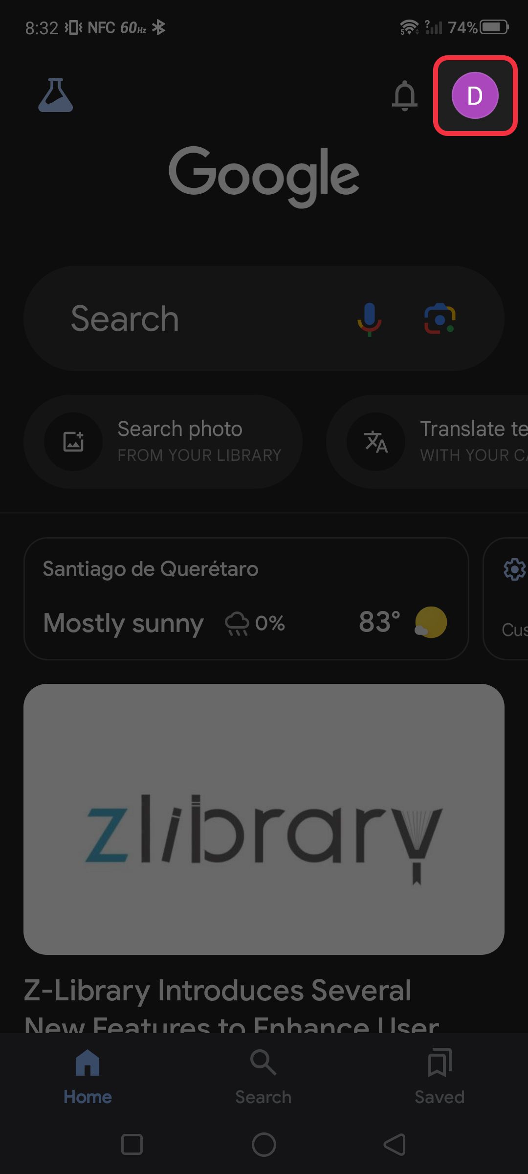 Página principal do Google App destacando o ícone do perfil