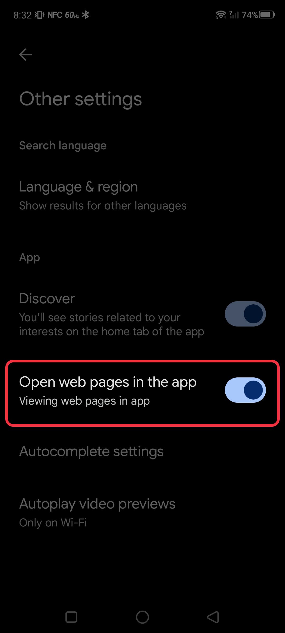 Menu Outras configurações do Google app destacando o botão Abrir páginas da web no aplicativo