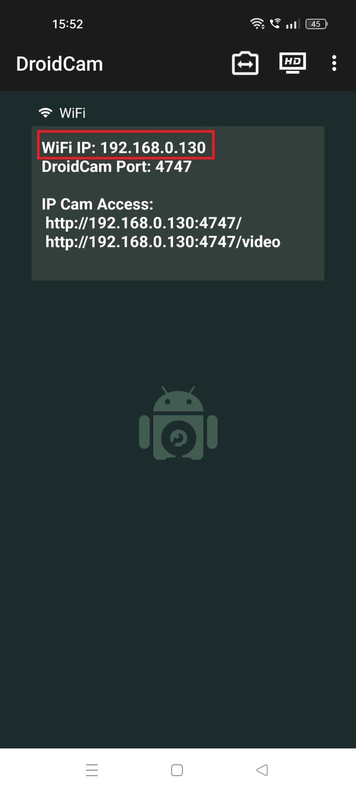 Captura de tela destacando o endereço IP do Wi-Fi no aplicativo DroidCam no Android