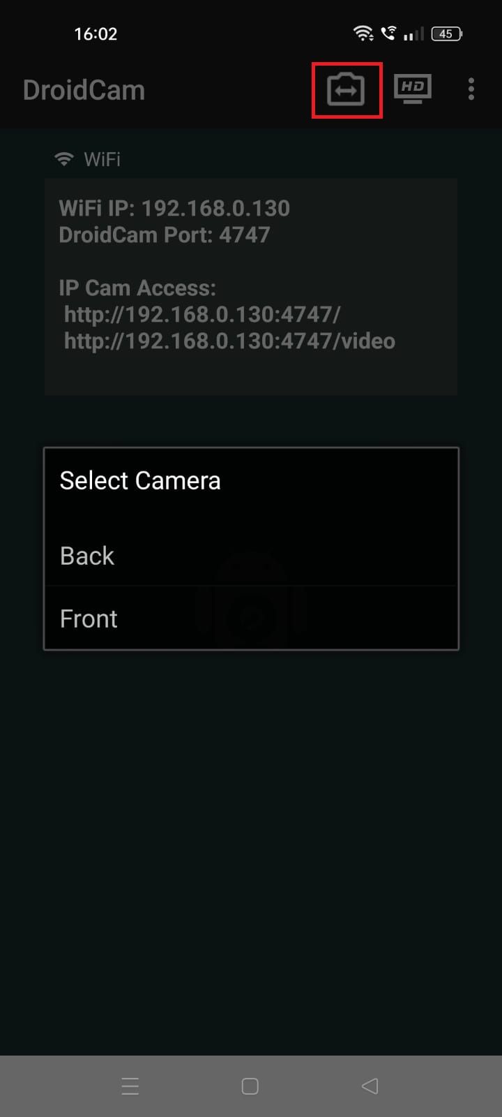 Captura de tela destacando o ícone de troca de câmera no aplicativo DroidCam no Android