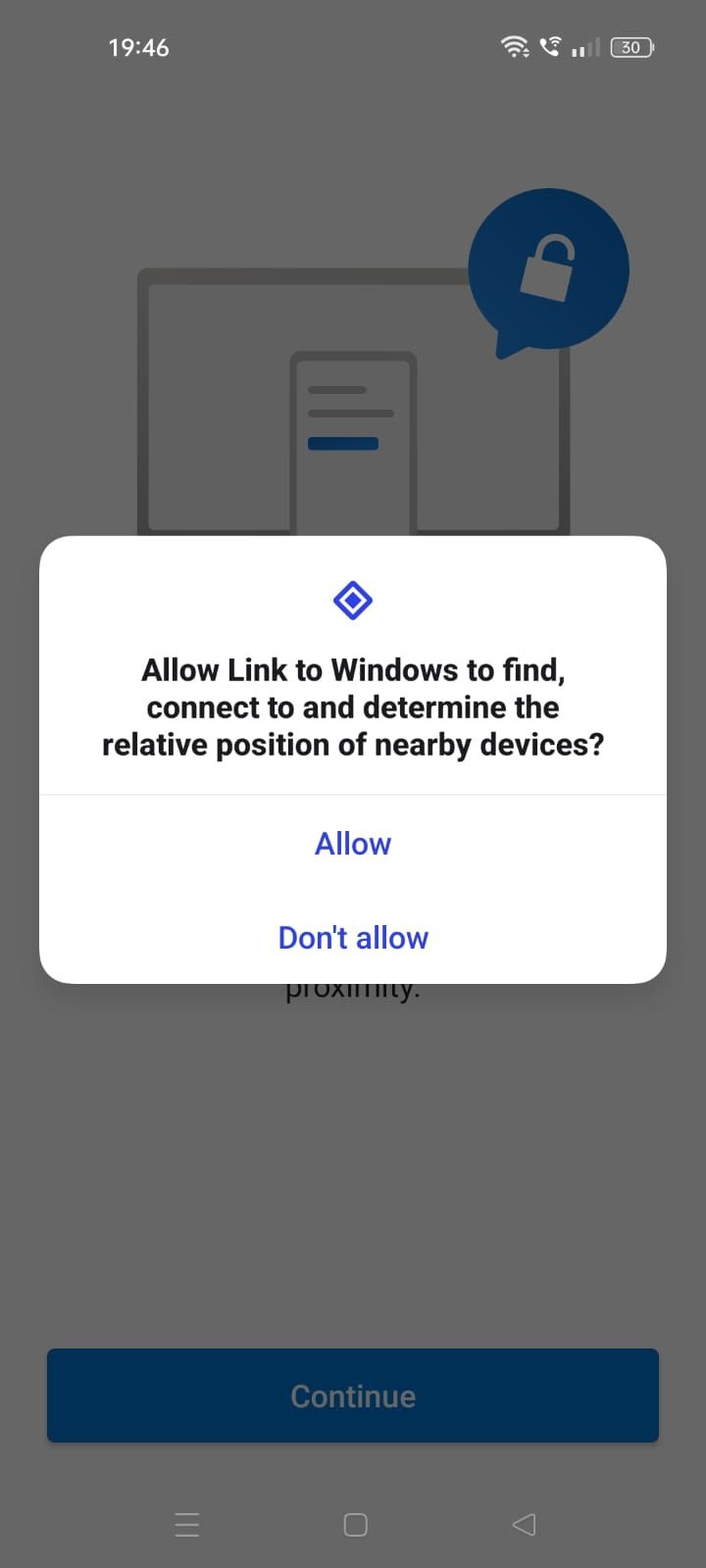 Captura de tela da tela de permissão do aplicativo Link to Windows 