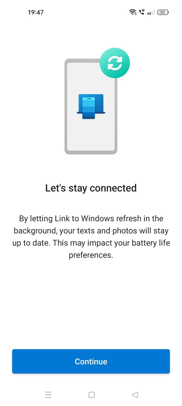 Captura de tela mostrando a opção Continuar no aplicativo Link to Windows 