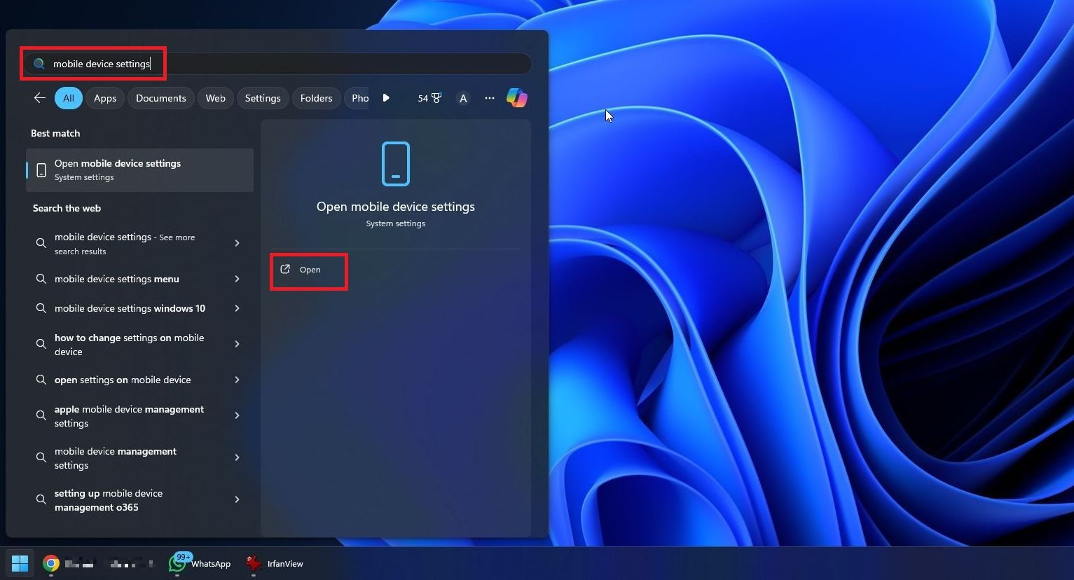 Captura de tela do aplicativo de configurações do dispositivo móvel em um PC com Windows 11