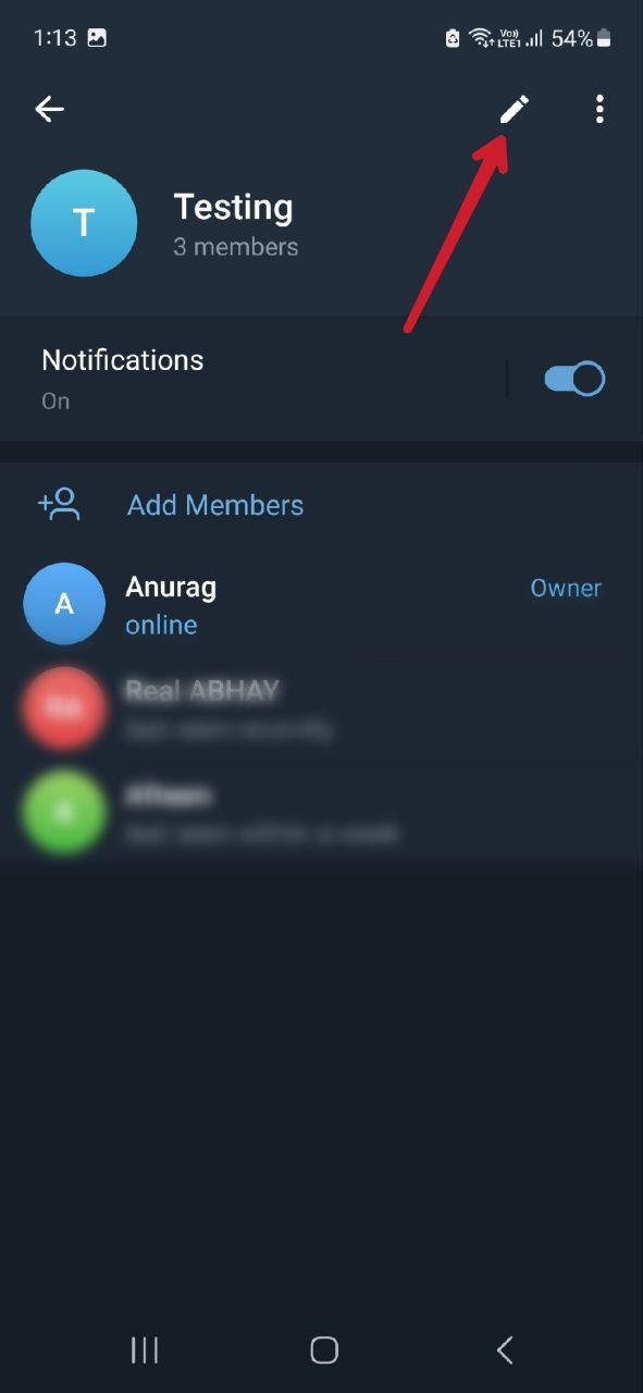 Captura de tela mostrando o menu de edição de grupo do Telegram Android