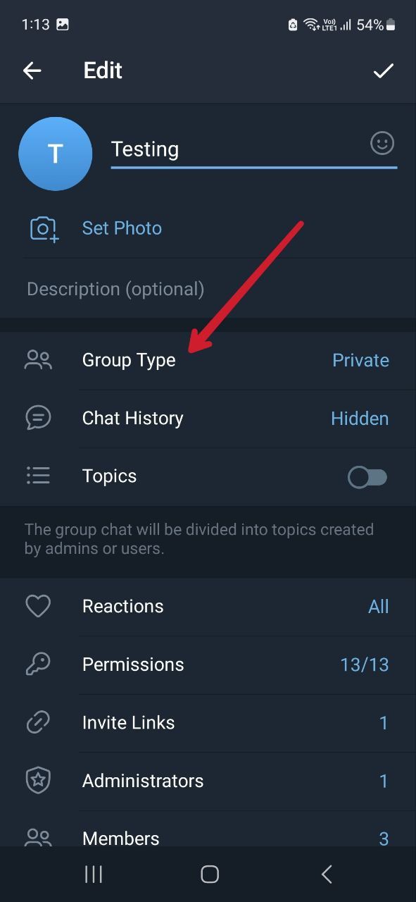 Captura de tela mostrando o tipo de grupo do Telegram Android