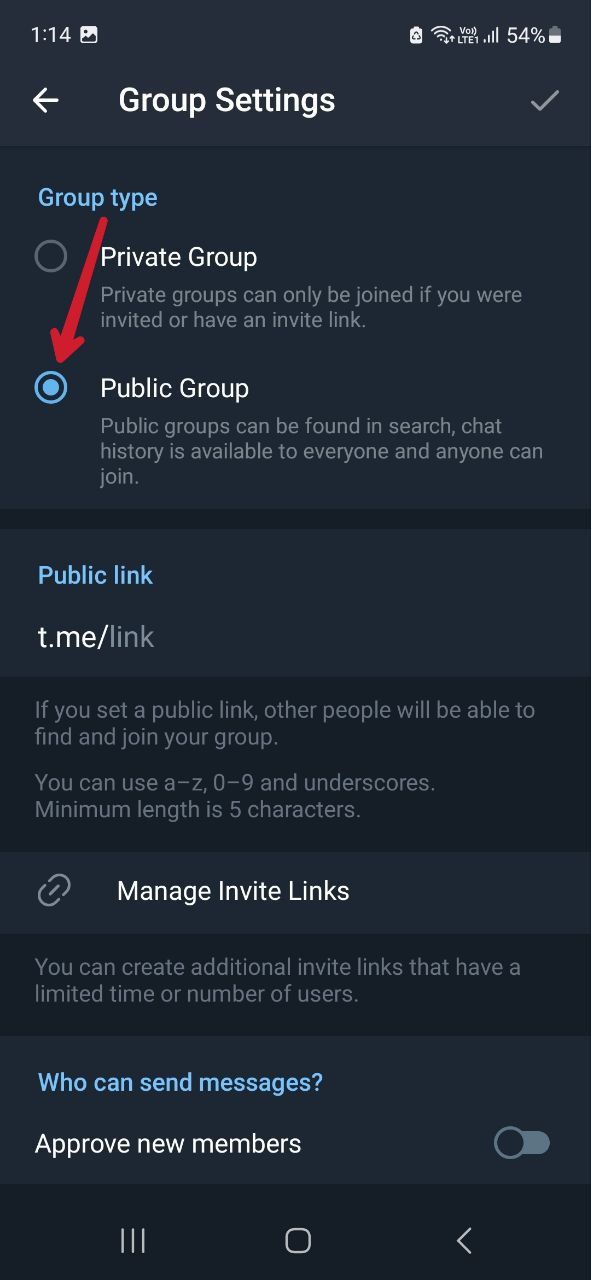 Captura de tela mostrando a opção de tornar público o grupo Telegram Android