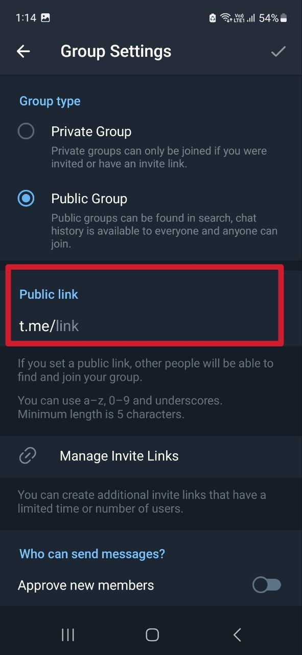Captura de tela mostrando a opção de adicionar link de grupo público no Telegram Android