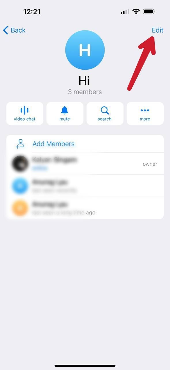 Captura de tela mostrando o menu de edição do grupo Telegram iOS