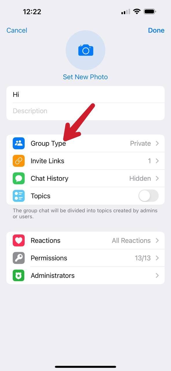 Captura de tela mostrando o tipo de grupo Telegram iOS