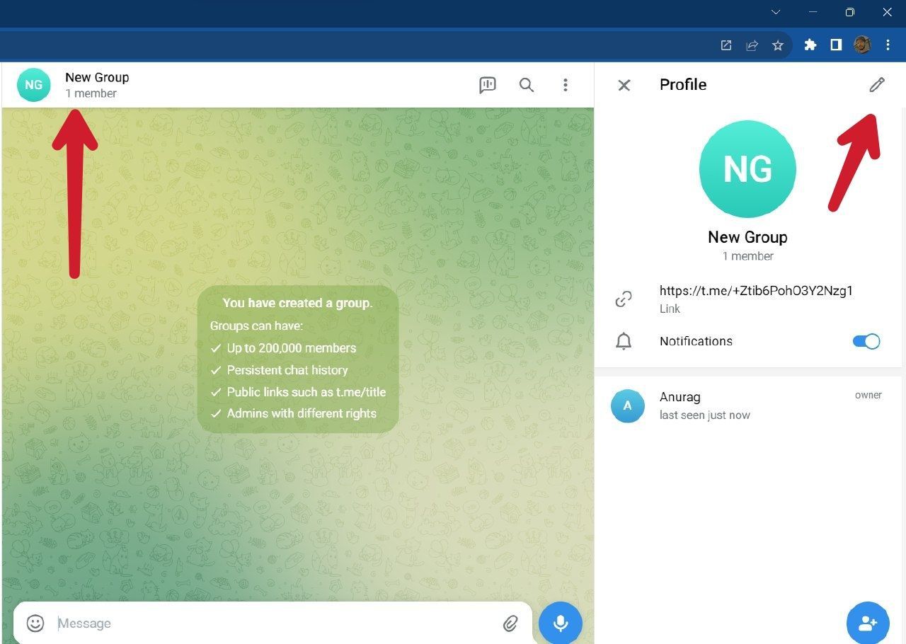 Captura de tela mostrando o botão de edição do grupo de desktop do Telegram