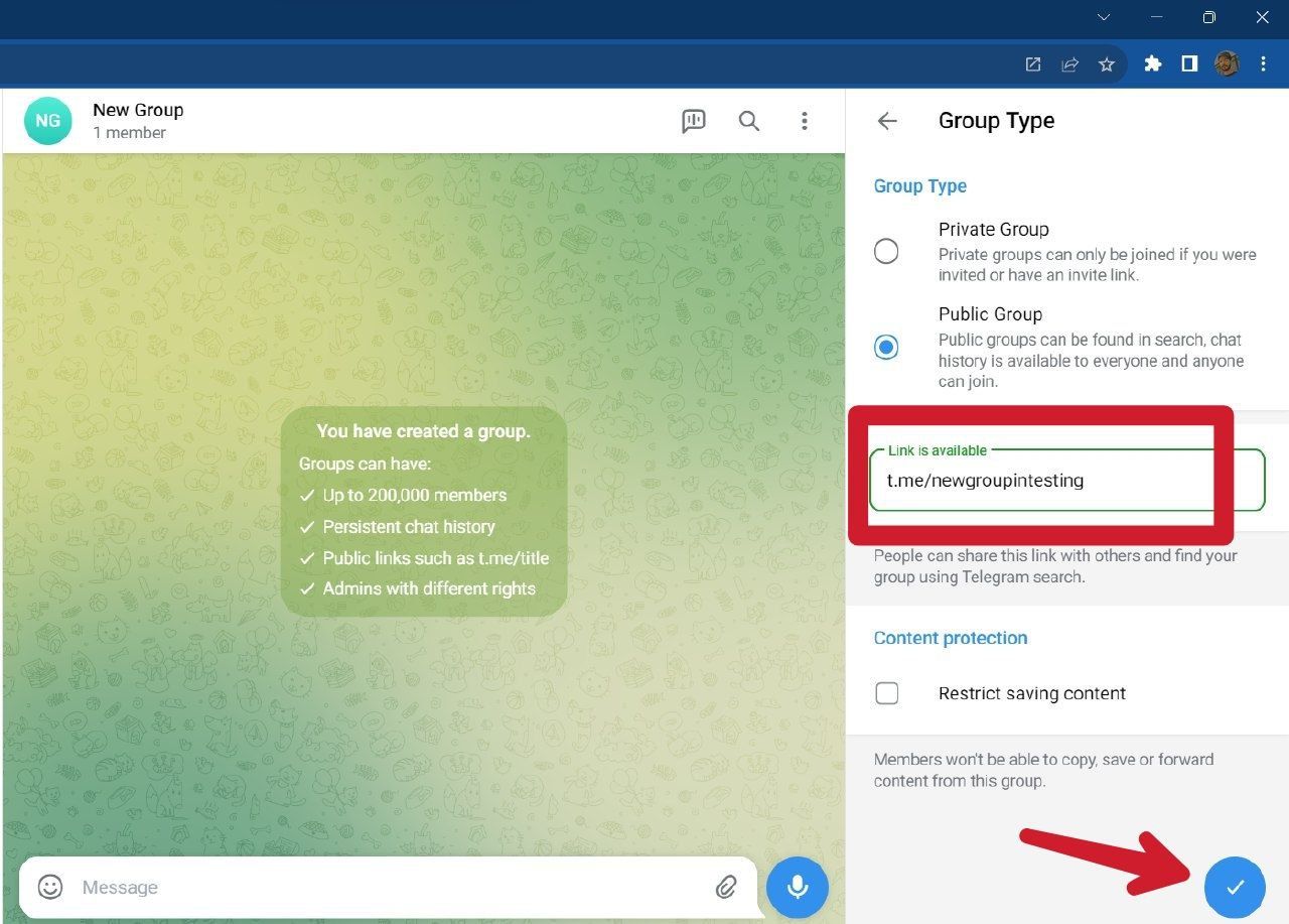 Captura de tela mostrando como adicionar o link do grupo público do Telegram no desktop