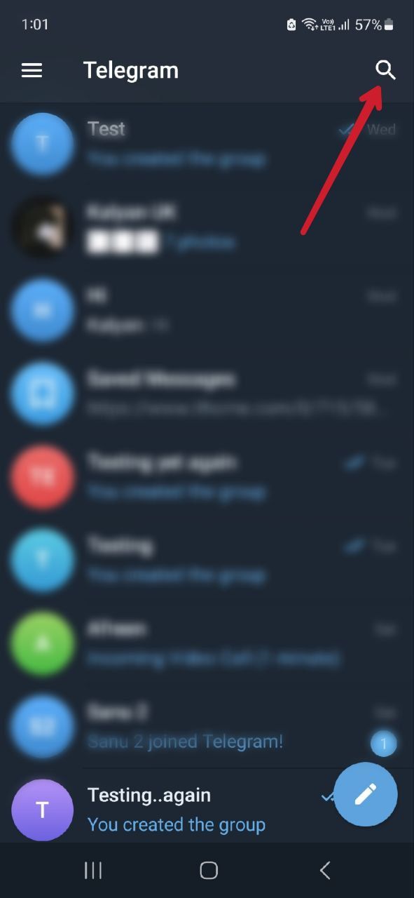 Captura de tela mostrando o ícone de pesquisa do Telegram Android