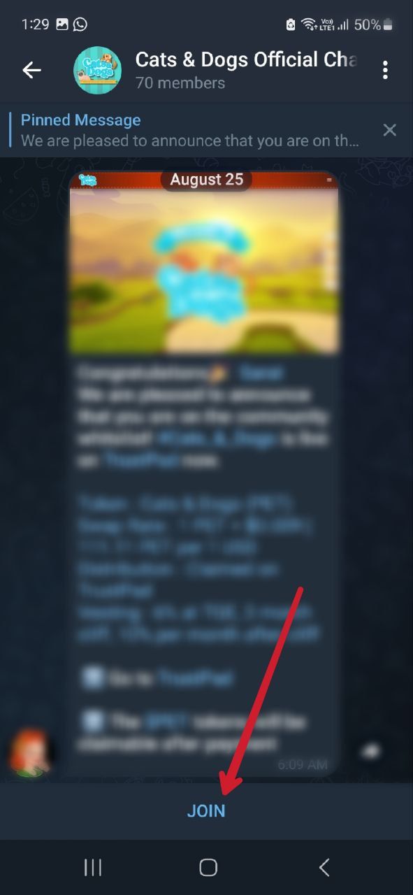 Captura de tela do botão de ingresso no grupo Telegram Android