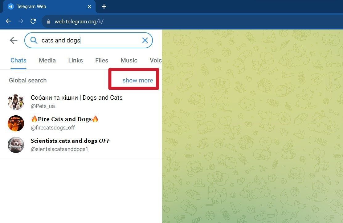 Captura de tela mostrando os resultados da pesquisa global do Telegram para desktop