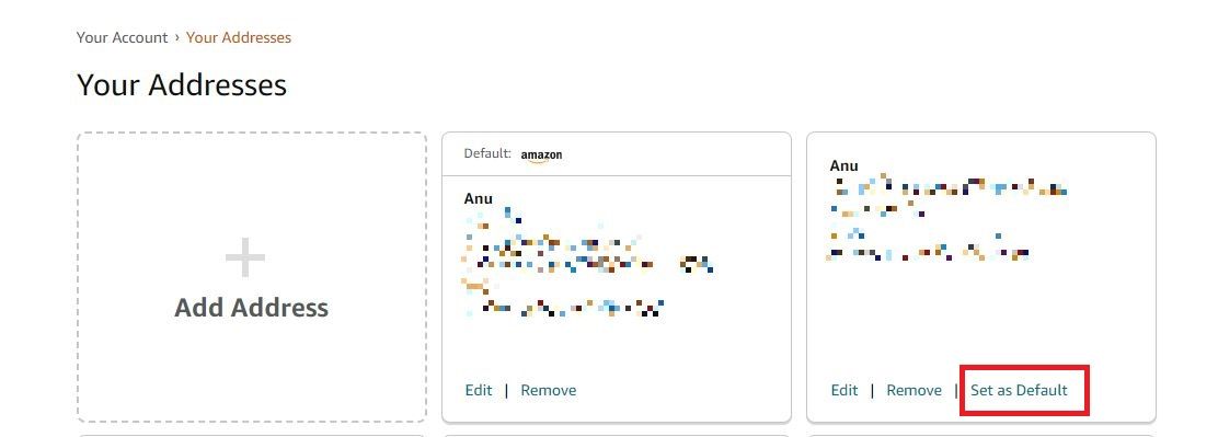 Captura de tela destacando Definir como padrão no site da Amazon