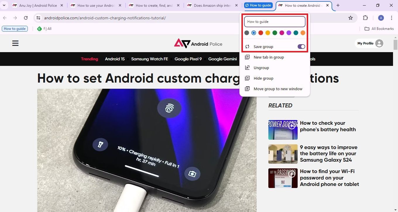 Captura de tela destacando o botão Salvar grupo no Chrome