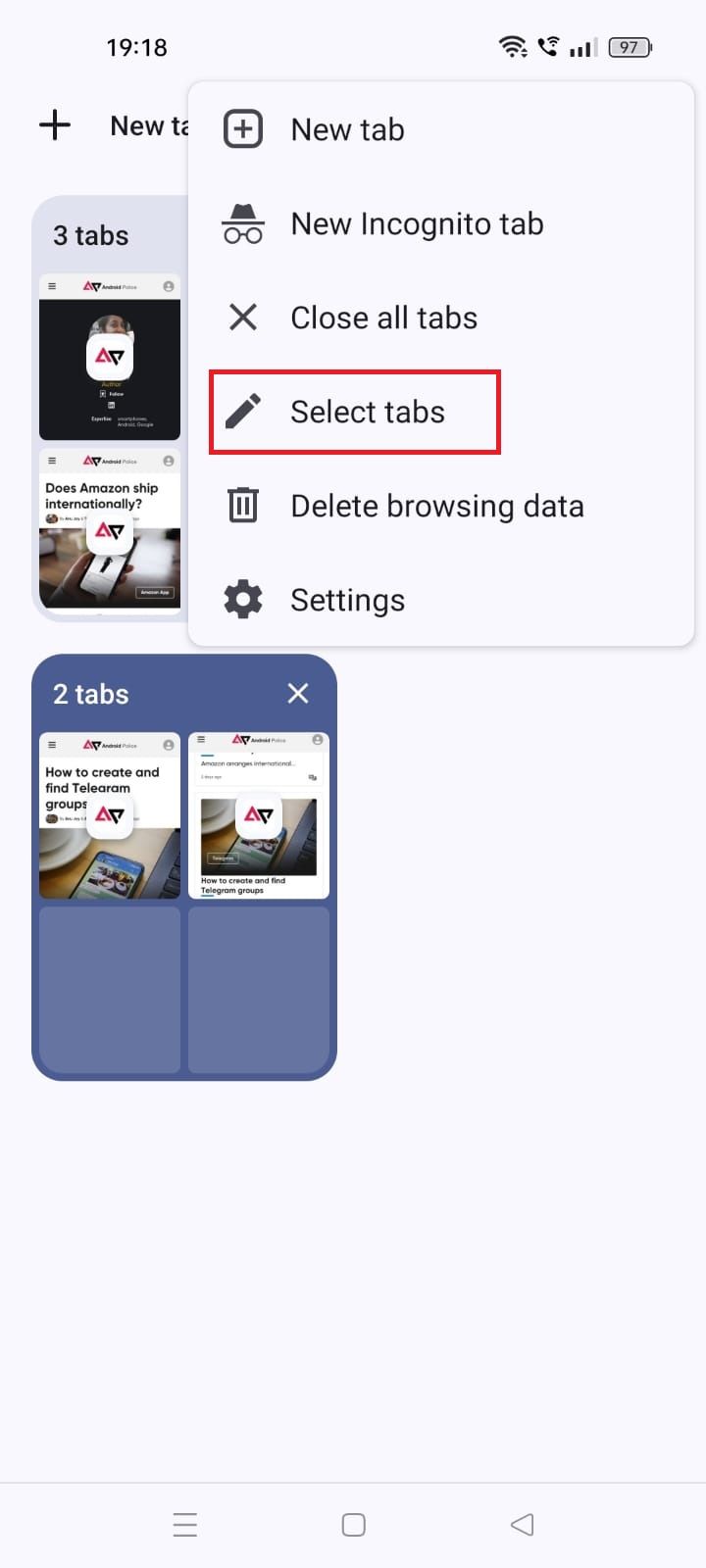 Captura de tela destacando Selecionar guias no aplicativo Chrome para Android