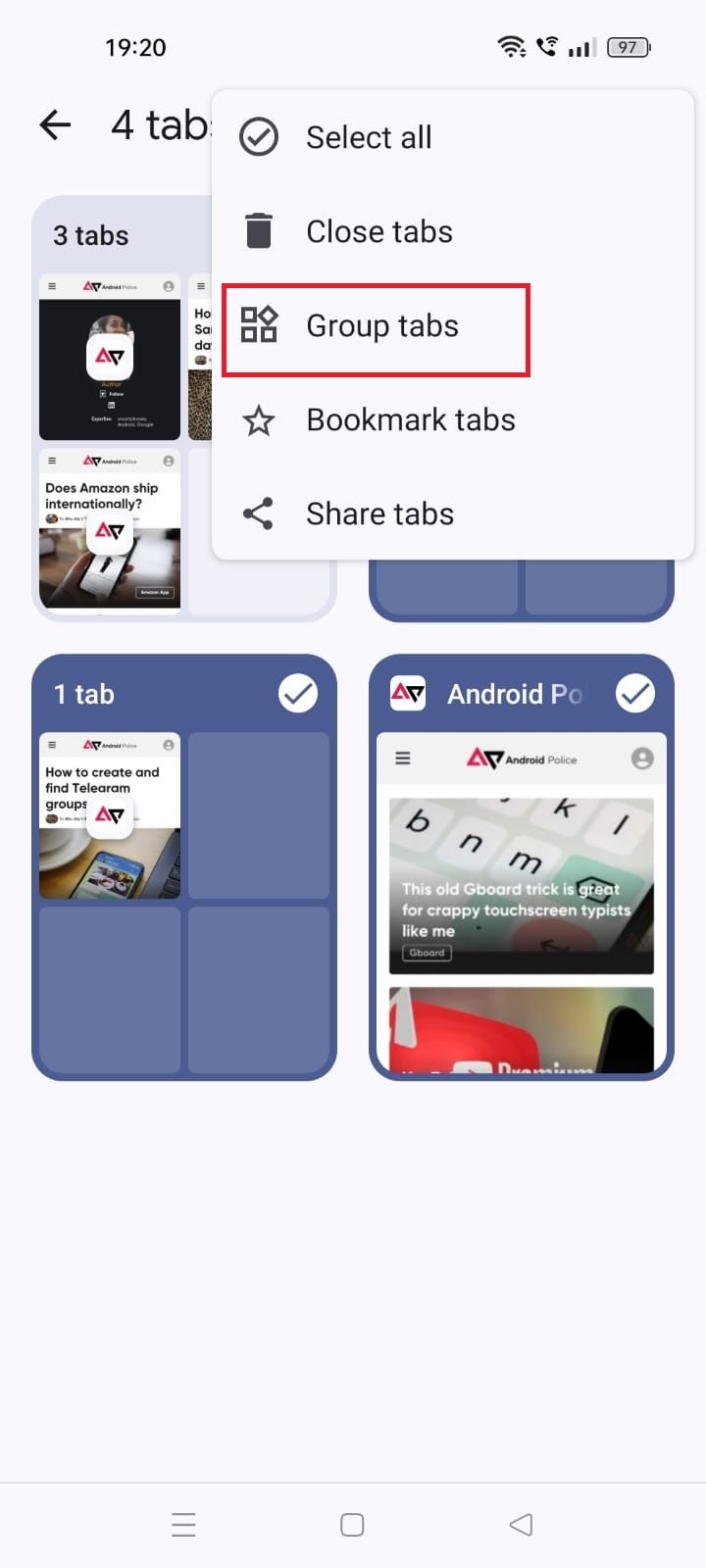 Captura de tela destacando guias de grupo no aplicativo Chrome para Android