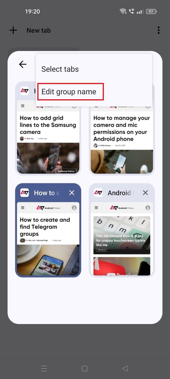 Captura de tela destacando Editar nome do grupo no aplicativo Chrome para Android